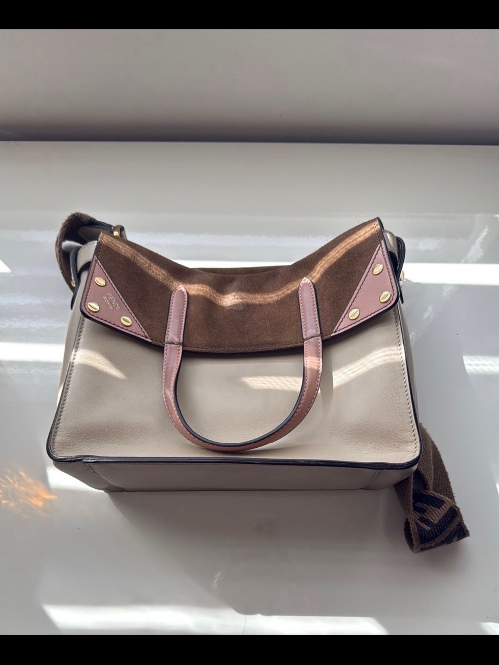 Fending Two-Tone Leather Satchel Bag in Cream and Brown suede